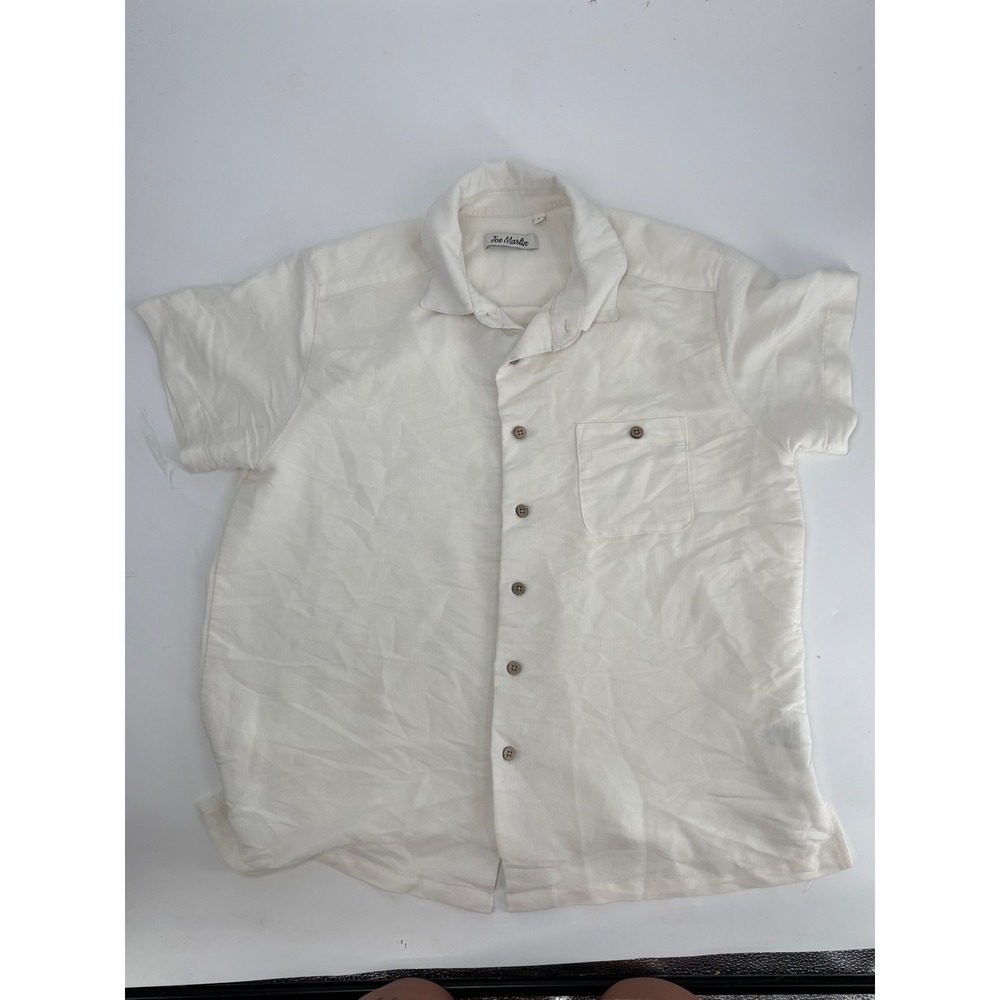 Joe Marlin Mens Short Sleeve Button Down Shirt Ivory Off White Camp Collar L